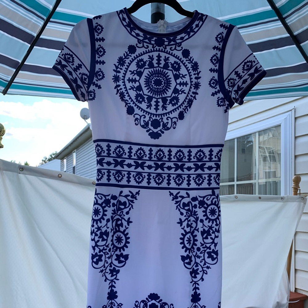 Blue and White designed dress